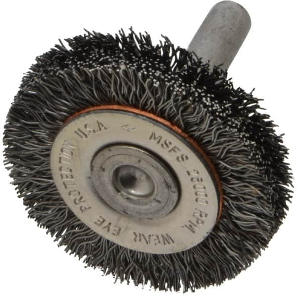 Osborn - 1-1/2" OD, 1/4" Shank Diam, Crimped Steel Wheel Brush - 3/8" Face Width, 9/32" Trim Length, 0.0118" Filament Diam, 25,000 RPM - Caliber Tooling