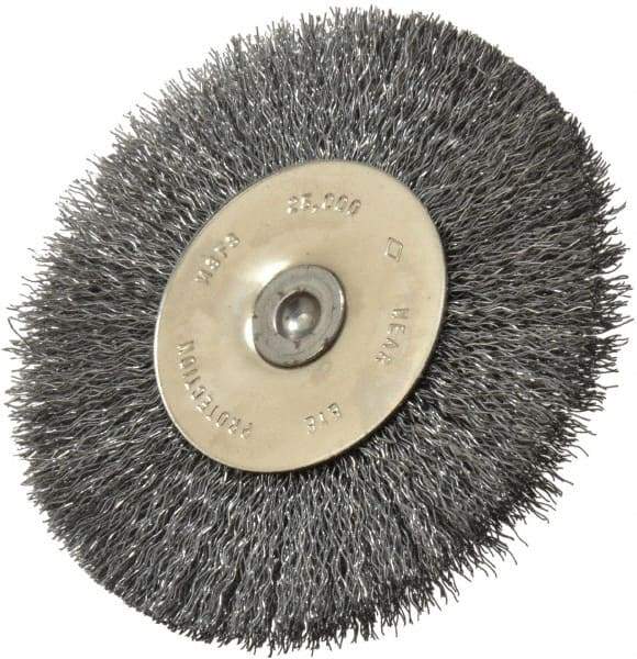 Osborn - 3" OD, 1/4" Shank Diam, Crimped Steel Wheel Brush - 7/16" Face Width, 3/4" Trim Length, 0.008" Filament Diam, 25,000 RPM - Caliber Tooling