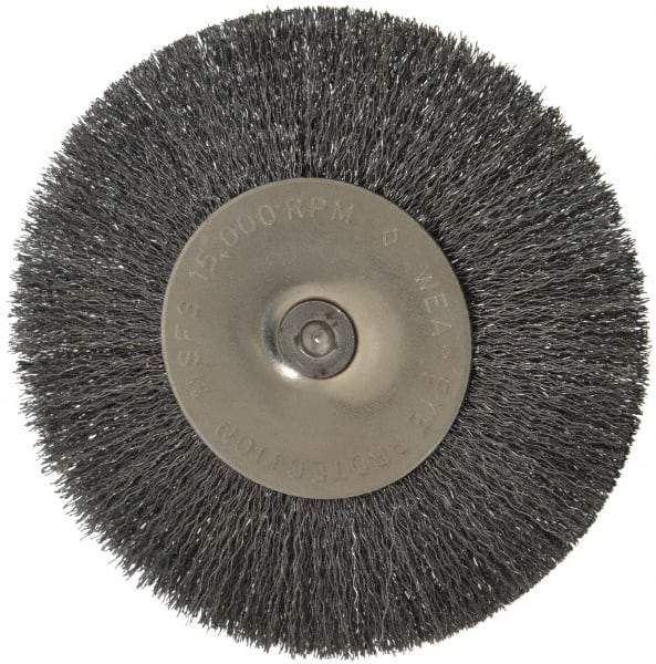 Osborn - 4" OD, 1/4" Shank Diam, Crimped Steel Wheel Brush - 1/2" Face Width, 1" Trim Length, 0.008" Filament Diam, 15,000 RPM - Caliber Tooling