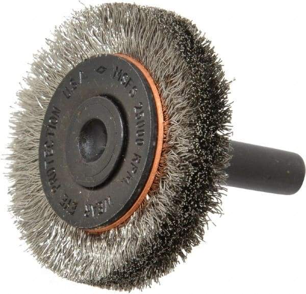 Osborn - 1-1/2" OD, 1/4" Shank Diam, Crimped Stainless Steel Wheel Brush - 3/8" Face Width, 9/32" Trim Length, 0.006" Filament Diam, 25,000 RPM - Caliber Tooling