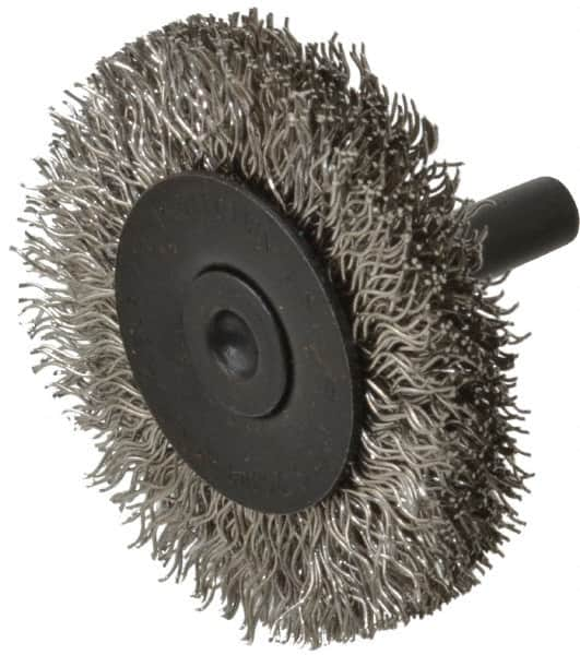 Osborn - 2" OD, 1/4" Shank Diam, Crimped Stainless Steel Wheel Brush - 3/8" Face Width, 7/16" Trim Length, 0.014" Filament Diam, 25,000 RPM - Caliber Tooling