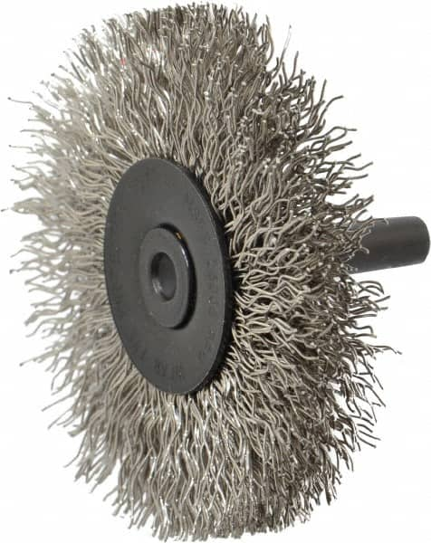 Osborn - 2-1/2" OD, 1/4" Shank Diam, Crimped Stainless Steel Wheel Brush - 7/16" Face Width, 11/16" Trim Length, 0.014" Filament Diam, 25,000 RPM - Caliber Tooling