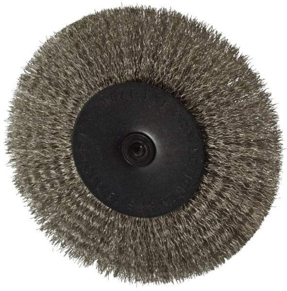 Osborn - 4" OD, 1/4" Shank Diam, Crimped Stainless Steel Wheel Brush - 1/2" Face Width, 1" Trim Length, 0.008" Filament Diam, 15,000 RPM - Caliber Tooling