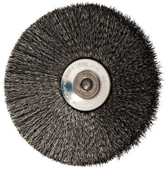 Osborn - 3" OD, 1/4" Shank Diam, Crimped Steel Wheel Brush - 7/16" Face Width, 15/16" Trim Length, 0.006" Filament Diam, 20,000 RPM - Caliber Tooling