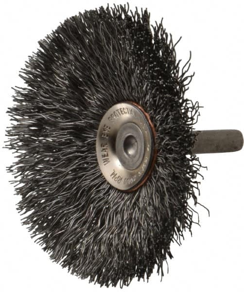 Osborn - 3" OD, 1/4" Shank Diam, Crimped Steel Wheel Brush - 7/16" Face Width, 15/16" Trim Length, 0.014" Filament Diam, 20,000 RPM - Caliber Tooling