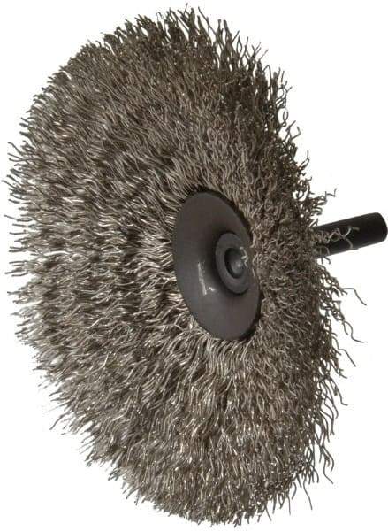 Osborn - 4" OD, 1/4" Shank Diam, Crimped Stainless Steel Wheel Brush - 1/2" Face Width, 1-7/16" Trim Length, 0.014" Filament Diam, 15,000 RPM - Caliber Tooling