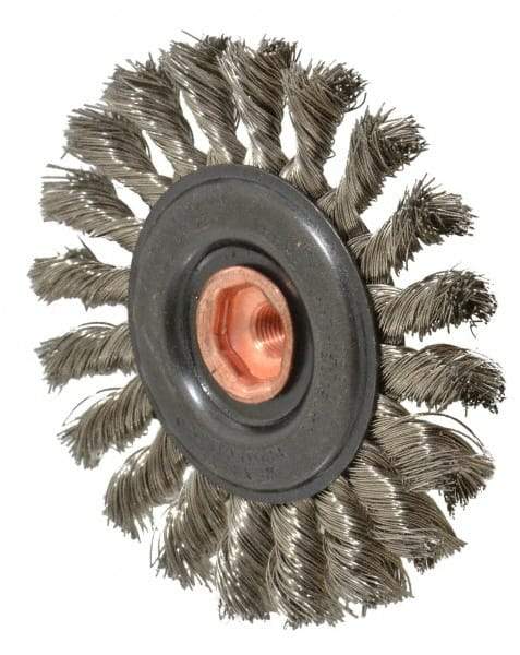 Osborn - 4" OD, 3/8-24 Arbor Hole, Knotted Stainless Steel Wheel Brush - 3/8" Face Width, 7/8" Trim Length, 0.014" Filament Diam, 20,000 RPM - Caliber Tooling