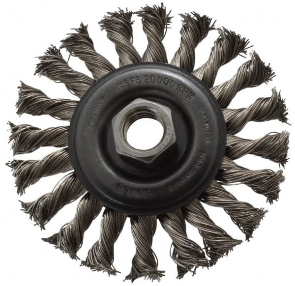 Osborn - 4" OD, 5/8-11 Arbor Hole, Knotted Stainless Steel Wheel Brush - 3/8" Face Width, 7/8" Trim Length, 0.02" Filament Diam, 20,000 RPM - Caliber Tooling