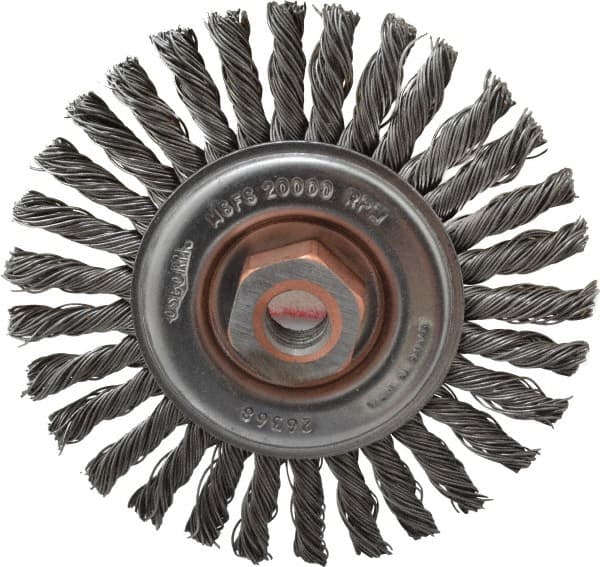 Osborn - 4" OD, 1/2-13 Arbor Hole, Knotted Steel Wheel Brush - 1/4" Face Width, 7/8" Trim Length, 0.02" Filament Diam, 20,000 RPM - Caliber Tooling