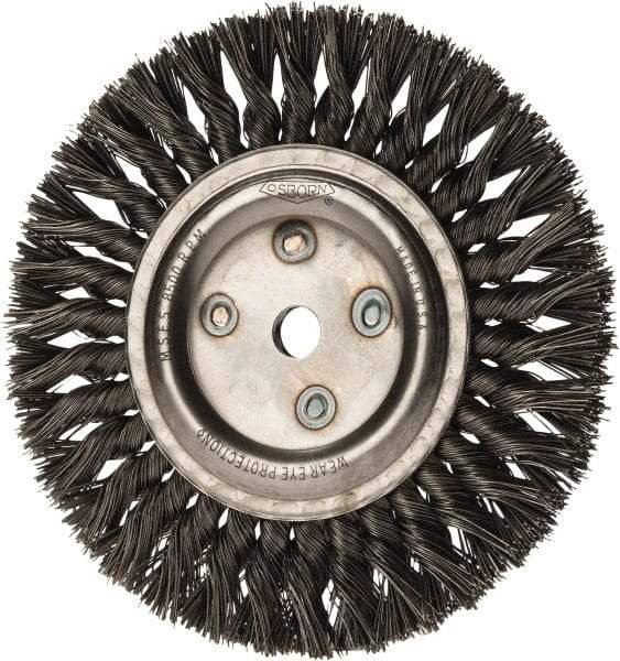 Osborn - 8" OD, 5/8" Arbor Hole, Knotted Steel Wheel Brush - 5/8" Face Width, 1-11/16" Trim Length, 0.025" Filament Diam, 8,500 RPM - Caliber Tooling