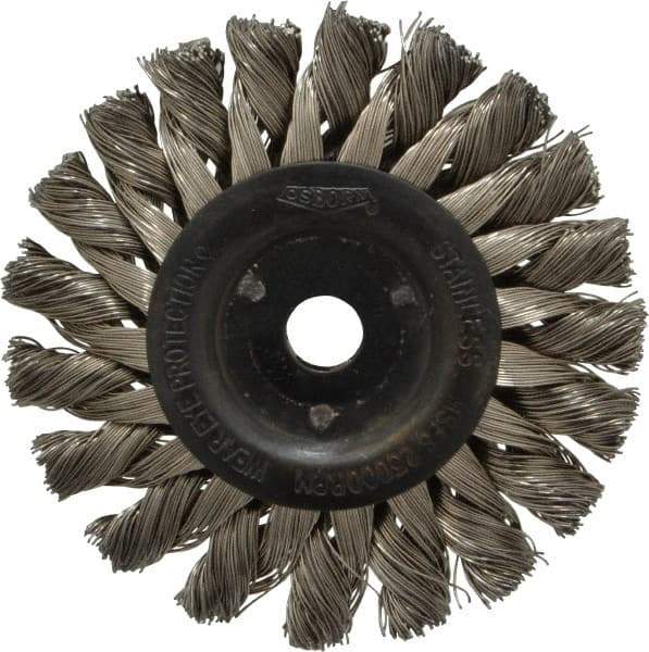 Osborn - 3" OD, 3/8" Arbor Hole, Knotted Stainless Steel Wheel Brush - 3/8" Face Width, 5/8" Trim Length, 0.014" Filament Diam, 25,000 RPM - Caliber Tooling