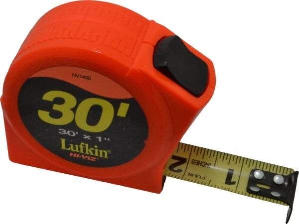 Lufkin - 30' x 1" Yellow Blade Tape Measure - 1/16" Graduation, A5 Graduation Style, High-Visibility Orange Case - Caliber Tooling