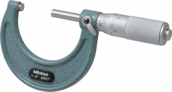 Mitutoyo - 1 to 2" Range, 0.0001" Graduation, Mechanical Outside Micrometer - Friction Thimble, Accurate to 0.0001" - Caliber Tooling