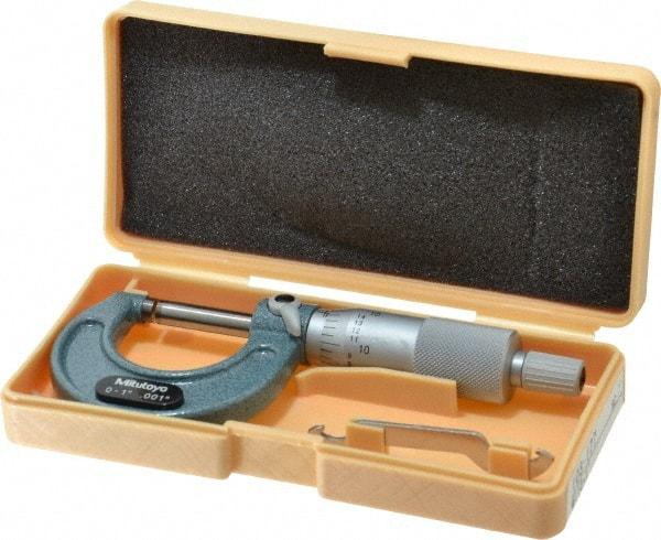 Mitutoyo - 0 to 1" Range, 0.001" Graduation, Mechanical Outside Micrometer - Ratchet Stop Thimble, Accurate to 0.0001" - Caliber Tooling