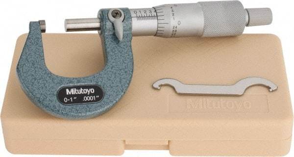 Mitutoyo - 0 to 1" Range, 0.0001" Graduation, Mechanical Outside Micrometer - Ratchet Stop Thimble, Accurate to 0.0001" - Caliber Tooling