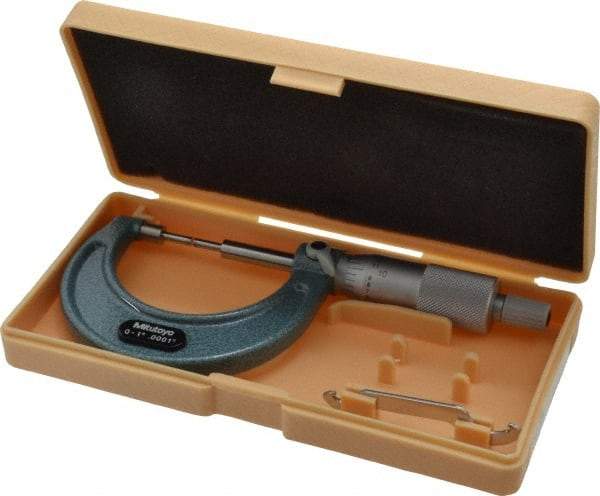 Mitutoyo - 1 Inch, 38mm Throat Depth, Mechanical Spline Micrometer - Accurate Up to 0.00015 Inch, 0.0001 Inch Graduation, 1/4 Inch Spindle Diameter, 18mm Head Diameter, Ratchet Stop Thimble - Caliber Tooling