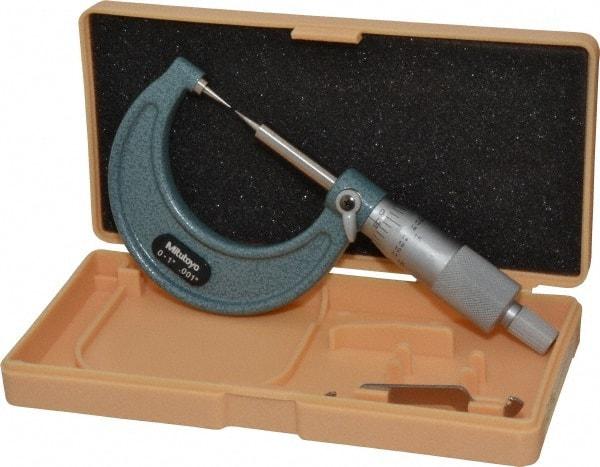 Mitutoyo - 1 Inch, 38mm Throat Depth, Ratchet Stop, Mechanical Point Micrometer - Accurate Up to 0.00015 Inch, 0.001 Inch Graduation, 0.5039 Inch Point Length, 15° Point Angle, 18mm Head Diameter, 6.35mm Spindle Diameter - Caliber Tooling