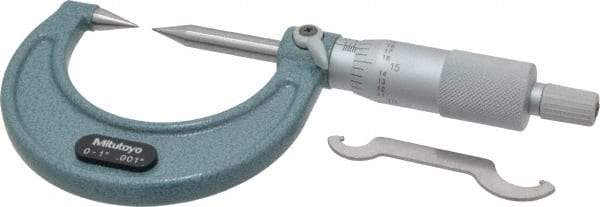 Mitutoyo - 1 Inch, 38mm Throat Depth, Ratchet Stop, Mechanical Point Micrometer - Accurate Up to 0.00015 Inch, 0.001 Inch Graduation, 0.5039 Inch Point Length, 30° Point Angle, 18mm Head Diameter, 6.35mm Spindle Diameter - Caliber Tooling