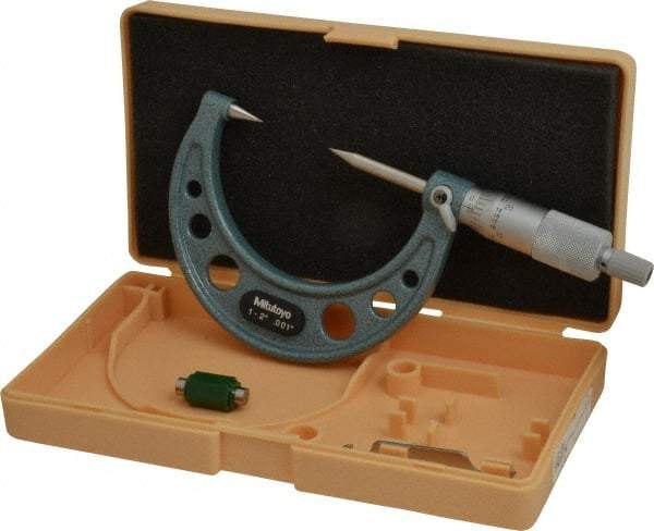 Mitutoyo - 1 to 2 Inch, 49mm Throat Depth, Ratchet Stop, Mechanical Point Micrometer - Accurate Up to 0.00015 Inch, 0.001 Inch Graduation, 0.5039 Inch Point Length, 30° Point Angle, 18mm Head Diameter, 6.35mm Spindle Diameter - Caliber Tooling