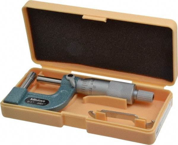 Mitutoyo - 1 Inch Measurement Range, 0.0001 Inch Graduation, Barrel Anvil, Ratchet Stop Thimble, Mechanical Tube Micrometer - Accurate Up to 0.0002 Inch, Carbide, Includes Plastic Case - Caliber Tooling