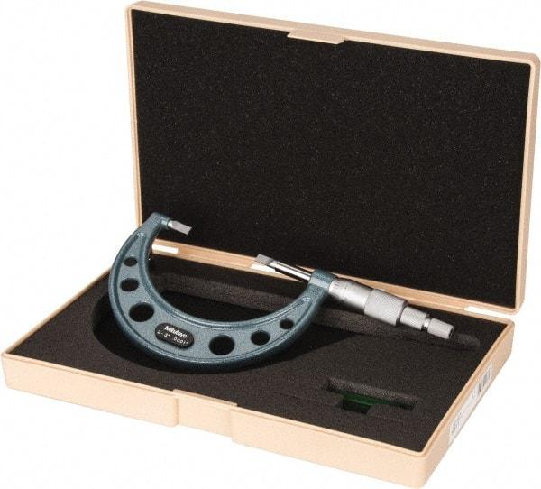 Mitutoyo - 2" to 3" Mechanical Hammertone Green Coated Blade Micrometer - 0.0002" Accuracy, 0.0001" Graduation, 0.75mm Blade Thickness, Ratchet Stop Thimble - Caliber Tooling