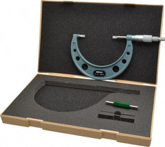 Mitutoyo - 3" to 4" Mechanical Hammertone Green Coated Blade Micrometer - 0.0002" Accuracy, 0.0001" Graduation, 0.75mm Blade Thickness, Ratchet Stop Thimble - Caliber Tooling