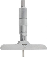 Mitutoyo - 0 to 4" Range, 4 Rod, Satin Chrome Finish Mechanical Depth Micrometer - Ratchet Stop Thimble, 4" Base Length, 0.01mm Graduation, 4mm Rod Diam - Caliber Tooling