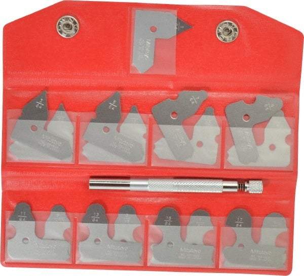 Mitutoyo - 17 Piece, 1/64 to 17/64 Inch Radius, Radius Gage Set - Satin Chrome Coated - Caliber Tooling