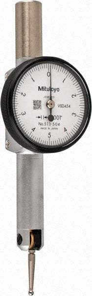 Mitutoyo - 0.01 Inch Range, 0.0001 Inch Dial Graduation, Horizontal Dial Test Indicator - 1.27 Inch White Dial, 0-5-0 Dial Reading, Accurate to 0.0002 Inch - Caliber Tooling