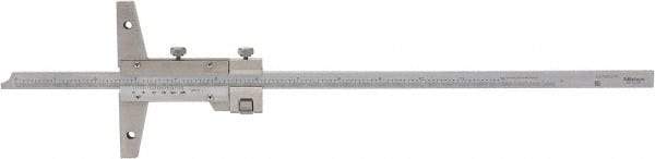 Mitutoyo - 0 to 12 Inch Measurement Range, 410mm Rule Length, 4 Inch Base Length, Vernier Depth Gage - 0.001 Inch Graduation, Accurate to 0.0015 Inch, Stainless Steel, Satin Chrome Coated - Caliber Tooling