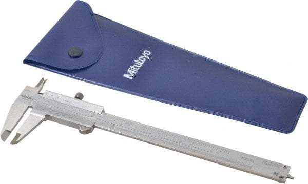 Mitutoyo - 0 to 6" Stainless Steel Vernier Caliper - 1/128" Graduation, 40mm Jaw Depth, 0.0015" Accuracy, Includes Depth Measurement Rod & Inside Diam Jaws - Caliber Tooling