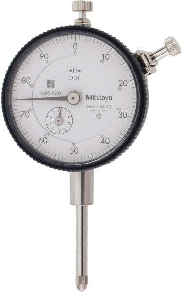 Mitutoyo - 1" Range, 0-100 Dial Reading, 0.001" Graduation Dial Drop Indicator - 2-3/16" Dial, 0.1" Range per Revolution, 0.002" Accuracy, Revolution Counter - Caliber Tooling