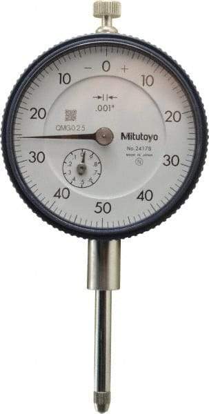 Mitutoyo - 1" Range, 0-50-0 Dial Reading, 0.001" Graduation Dial Drop Indicator - 2-1/4" Dial, 0.1" Range per Revolution, 0.002" Accuracy, Revolution Counter - Caliber Tooling