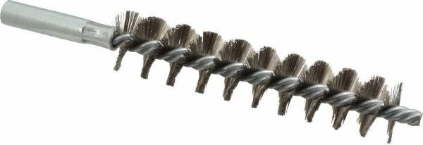 Schaefer Brush - 4" Brush Length, 7/8" Diam, Double Stem, Single Spiral Tube Brush - 6-1/4" Long, Stainless Steel, 12-24 Female Connection - Caliber Tooling