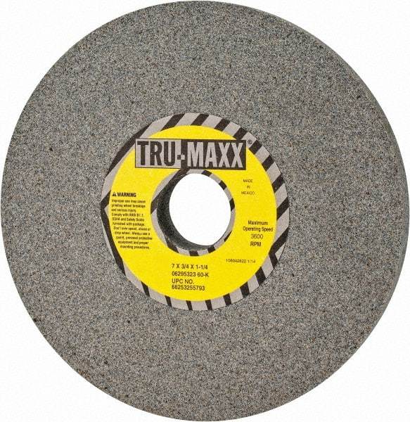 Tru-Maxx - 7" Diam x 1-1/4" Hole x 3/4" Thick, K Hardness, 60 Grit Surface Grinding Wheel - Aluminum Oxide, Type 1, Medium Grade, 3,600 Max RPM, Vitrified Bond, No Recess - Caliber Tooling