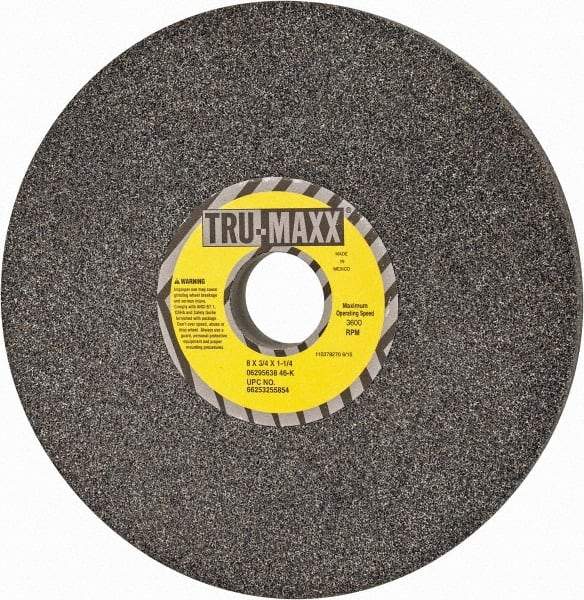 Tru-Maxx - 8" Diam x 1-1/4" Hole x 3/4" Thick, K Hardness, 46 Grit Surface Grinding Wheel - Aluminum Oxide, Type 1, Coarse Grade, 3,600 Max RPM, Vitrified Bond, No Recess - Caliber Tooling