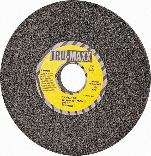 Tru-Maxx - 7" Diam x 1-1/4" Hole x 1/2" Thick, F Hardness, 46 Grit Surface Grinding Wheel - Aluminum Oxide, Type 1, Coarse Grade, 3,600 Max RPM, Vitrified Bond, No Recess - Caliber Tooling