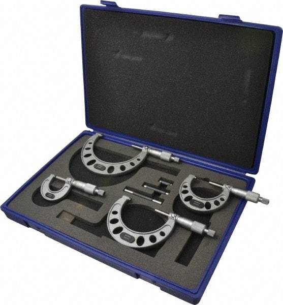 Value Collection - 0 to 100mm Range, 4 Piece Mechanical Outside Micrometer Set - 0.01mm Graduation, 0.005mm Accuracy, Ratchet Stop Thimble, Steel Face - Caliber Tooling