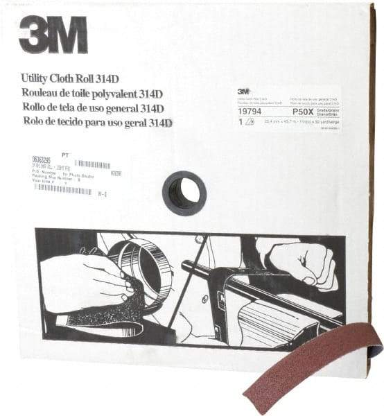 3M - 1" x 50 Yd 50 Grit Aluminum Oxide Cloth Roll - Coarse Grade, X Weighted Backing - Caliber Tooling