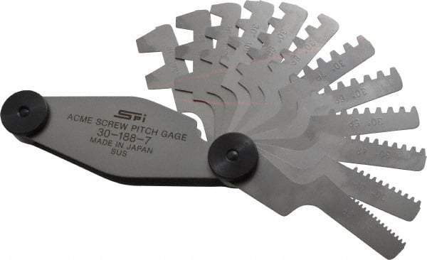 SPI - 12 Leaf, 2 to 20mm Pitch Range, Stainless Steel Screw Pitch Gage - 30° Thread Angle - Caliber Tooling