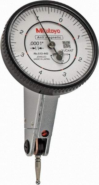 Mitutoyo - 0.016 Inch Range, 0.0001 Inch Dial Graduation, Horizontal Dial Test Indicator - 1.5748 Inch White Dial, 0-4-0 Dial Reading, Accurate to 0.0002 Inch - Caliber Tooling