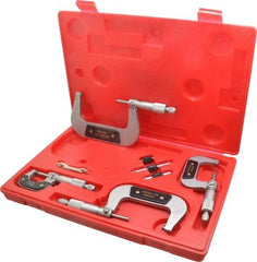 Value Collection - 0 to 100mm Range, 4 Piece Mechanical Outside Micrometer Set - 0.01mm Graduation, 0.000160, 0.000200 Accuracy, Ratchet Stop Thimble, Carbide Tipped, Forged Steel (Frame) Face - Caliber Tooling