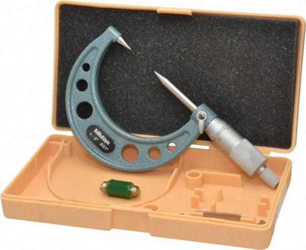 Mitutoyo - 1 to 2 Inch, 49mm Throat Depth, Ratchet Stop, Mechanical Point Micrometer - Accurate Up to 0.00015 Inch, 0.001 Inch Graduation, 0.5039 Inch Point Length, 30° Point Angle, 18mm Head Diameter, 6.35mm Spindle Diameter - Caliber Tooling