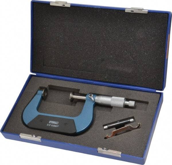 Fowler - 2 to 3 Inch, 0.001 Inch Graduation, Ratchet Stop Thimble, Mechanical Disc Micrometer - 0.00024 Inch Accuracy, 0.787 Inch Disc, 0.256 Inch Spindle - Caliber Tooling