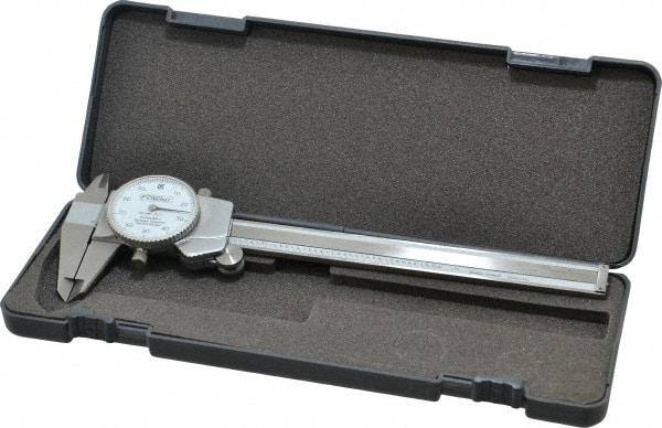 Fowler - 0" to 6" Range, 0.001" Graduation, 0.1" per Revolution, Dial Caliper - White Face, 1.6" Jaw Length - Caliber Tooling