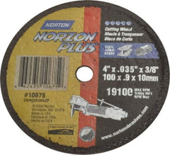 Norton - 4" Ceramic Cutoff Wheel - 0.035" Thick, 3/8" Arbor, 19,100 Max RPM, Use with Die Grinders - Caliber Tooling