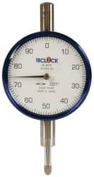 Teclock - 1/4" Range, 0-100 Dial Reading, 0.001" Graduation Dial Drop Indicator - 2-11/64" Dial, 0.1" Range per Revolution, 0.0007" Accuracy - Caliber Tooling