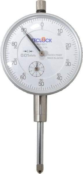 Teclock - 25mm Range, 0-100 Dial Reading, 0.01" Graduation Dial Drop Indicator - 2-11/64" Dial, 1" Range per Revolution, 0.03" Accuracy, Revolution Counter - Caliber Tooling