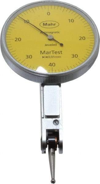 Mahr - 0.4 mm Range, 0.01 mm Dial Graduation, Horizontal Dial Test Indicator - 38 mm Yellow Dial, 0-40-0 Dial Reading - Caliber Tooling