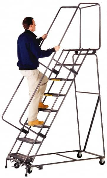 Ballymore - 182" 14 Step Ladder - Lock Step Rolling Safety Ladder, 450 Lb Capacity, 140" Platform Height, 40" Base Width x 100" Depth, Abrasive Mat Tread - Caliber Tooling